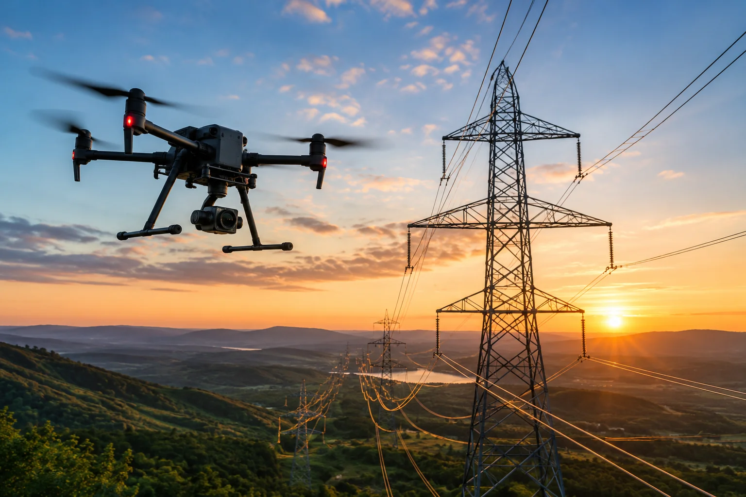 Drone flying over powerlines